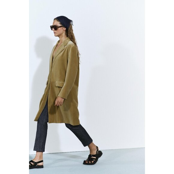 NWOT Zara light green khaki velvet-like oversized mid-length coat, XS - Picture 3 of 13